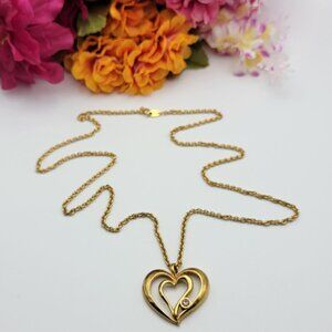 Vintage Avon Gold Tone Pink Crystal Heart Pendant Necklace 28"